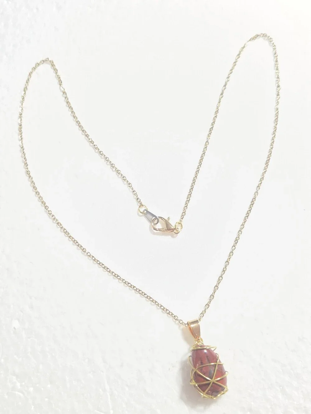 Handcrafted Gold Wire-Wrapped Red Jasper Stone Pendant Necklace